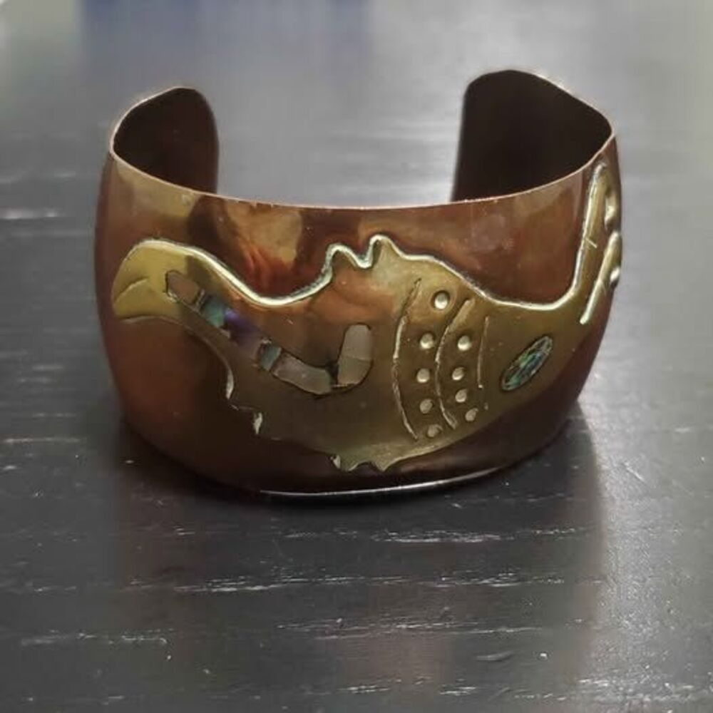 1965 Vintage Copper/Brass Cuff Bracelet With Abalone Shell Inlay-Handmade Mexico